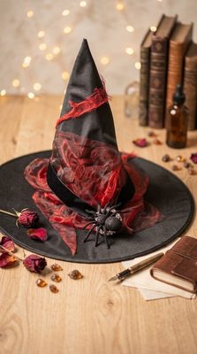 Колпак ведьмы чёрный атласный с серебряной пряжкой, бордовой вуалью и пауком